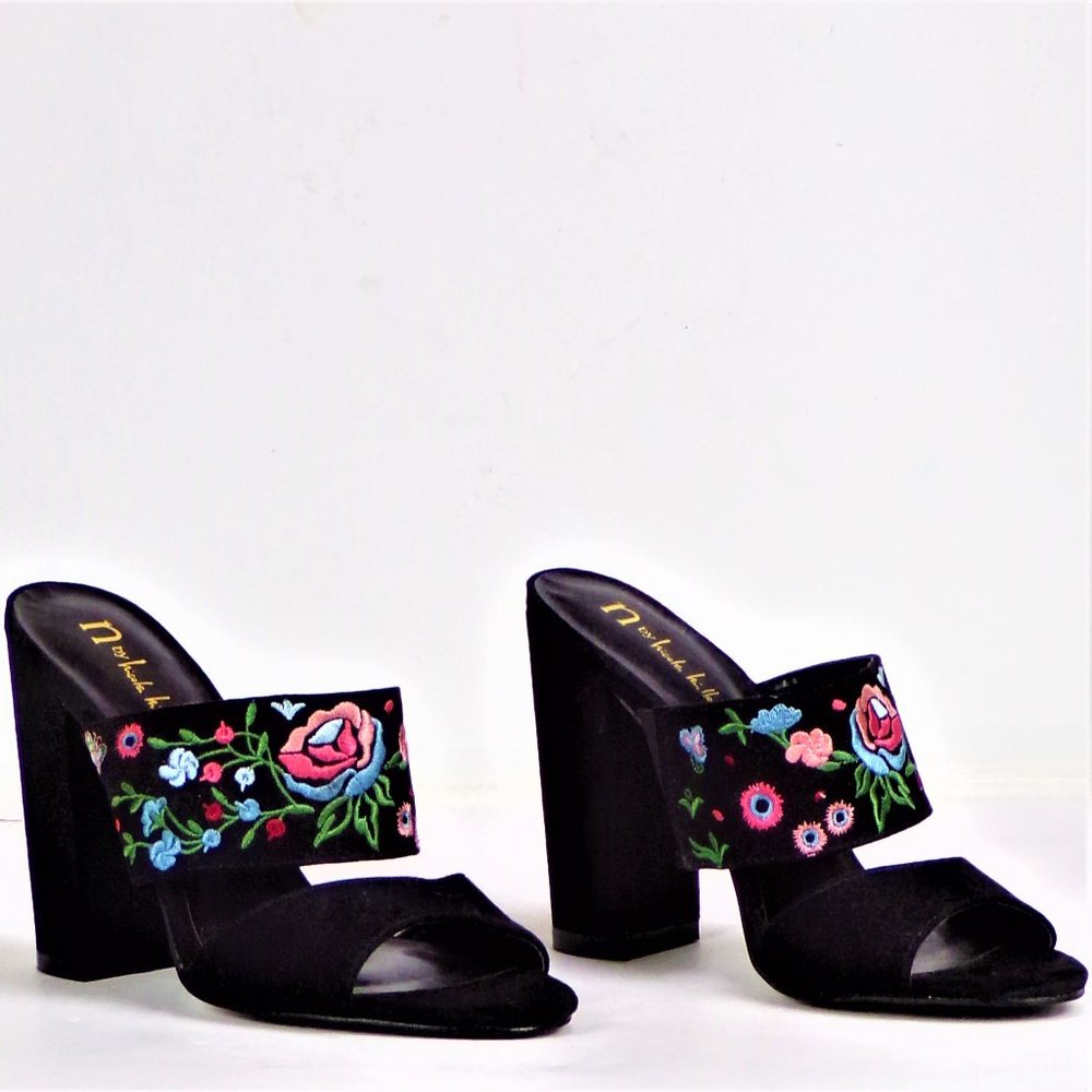 N BY NICOLE MILLER 8.5M black + multicolor ultra-high-heel 2-strap sandals